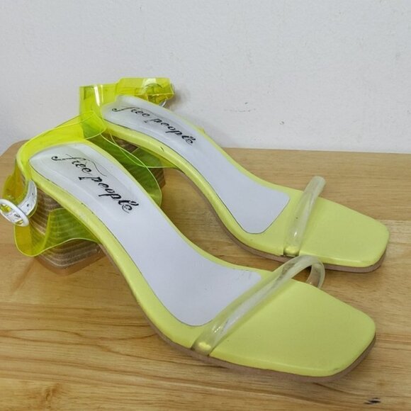 Free People Neon Yellow Transparent Sandals Heels Shoes Square Toe - Picture 4 of 7